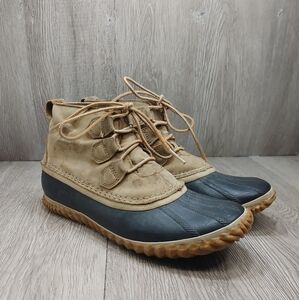 Sorel Out N‎ About Leather Snow Boot Ankle Duck Bootie Tan Black NL2133 Rain 9